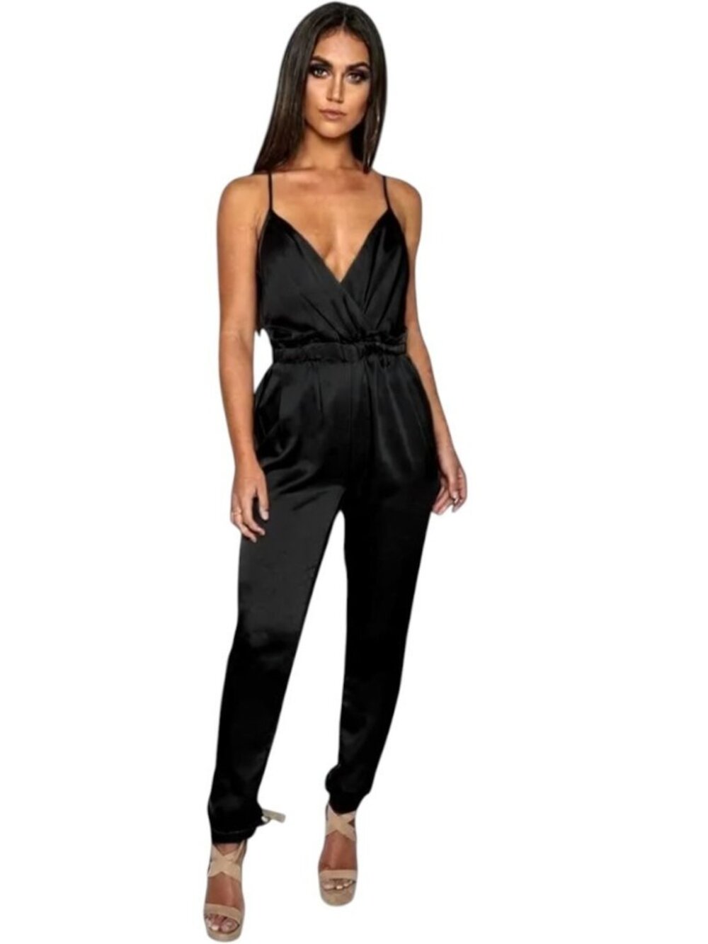 NWT Babyboo Fashions Scarlett Satin Jumpsuit Open Back Black XS